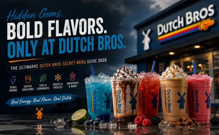 Dutch Bros Secret Menu 2026 hero image featuring colorful Rebel energy drinks, creamy blended coffees, lemonades, Frosts, and hidden drink favorites outside a Dutch Bros coffee shop