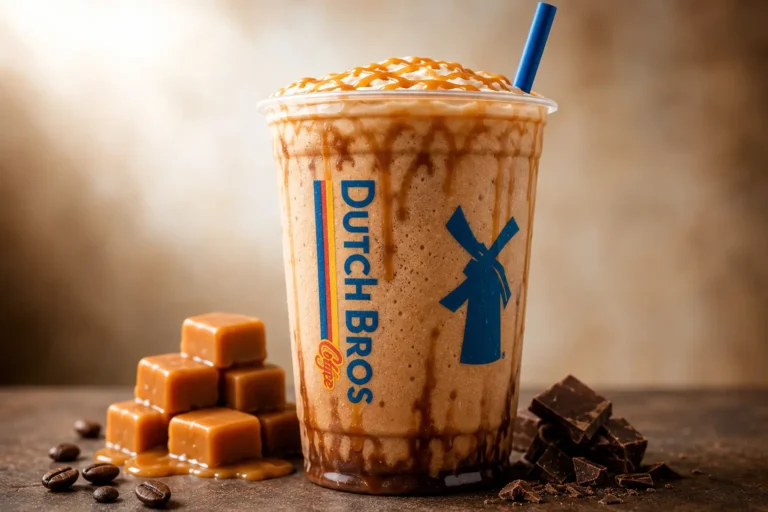 Dutch Bros Caramelizer iced caramel mocha with whipped cream and caramel drizzle