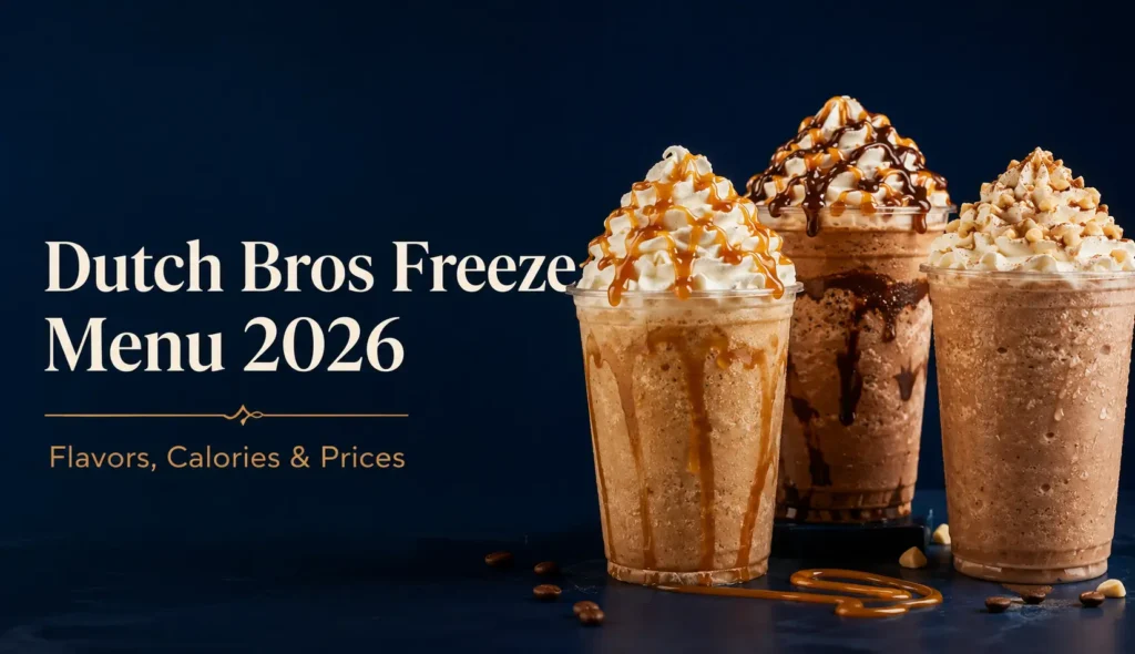 Dutch Bros Freeze Menu 2026 featuring caramel, chocolate and creamy blended coffee drinks