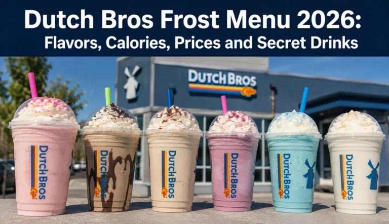Dutch Bros Frost Menu 2026 featuring chocolate, cotton candy, strawberry, vanilla and blue raspberry shakes with prices, calories and flavors