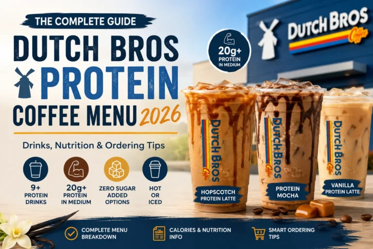 Dutch Bros Protein Coffee Menu 2026 hero image featuring iced and hot protein coffee drinks, including vanilla, caramel, and mocha flavors, with nutrition and ordering tips