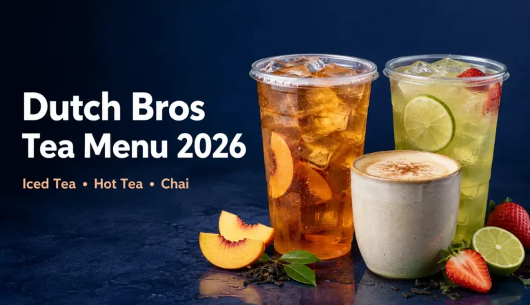 Dutch Bros Tea Menu 2026 featuring peach iced tea, green fruit tea and hot chai