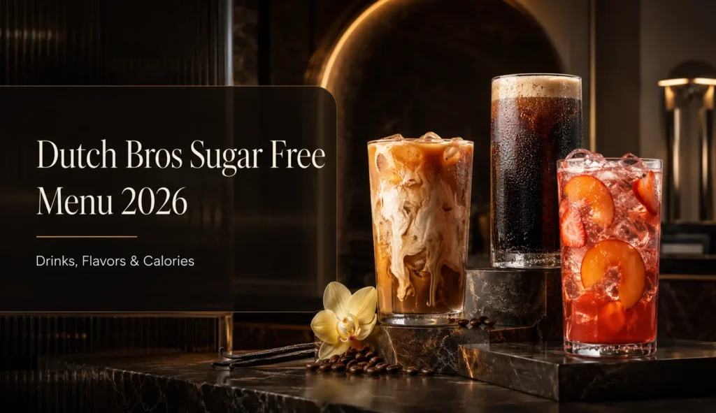 Dutch Bros sugar-free menu featuring iced coffee, Nitro cold brew and a fruit refresher in a luxury café setting.