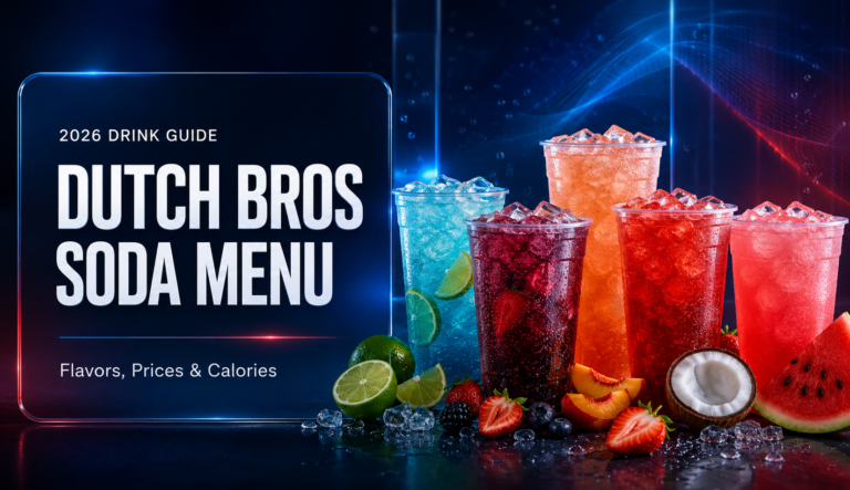 Five colorful sparkling fruit sodas featured in the Dutch Bros Soda Menu 2026 with flavors, prices, and calories.