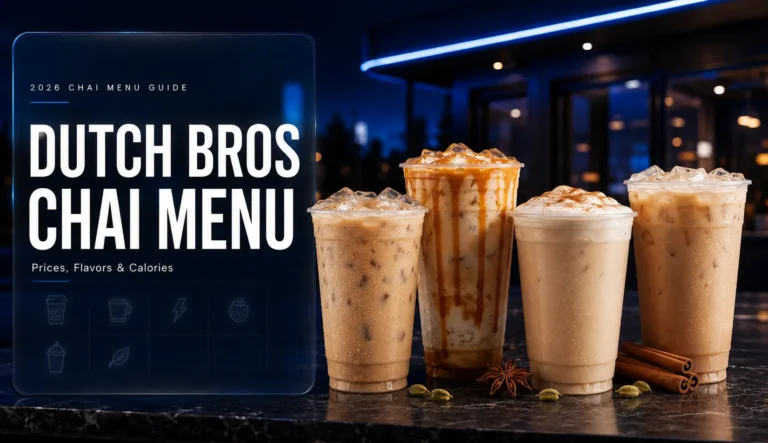 Four iced chai drinks featured in the Dutch Bros Chai Menu 2026 with prices, flavors, and calories.