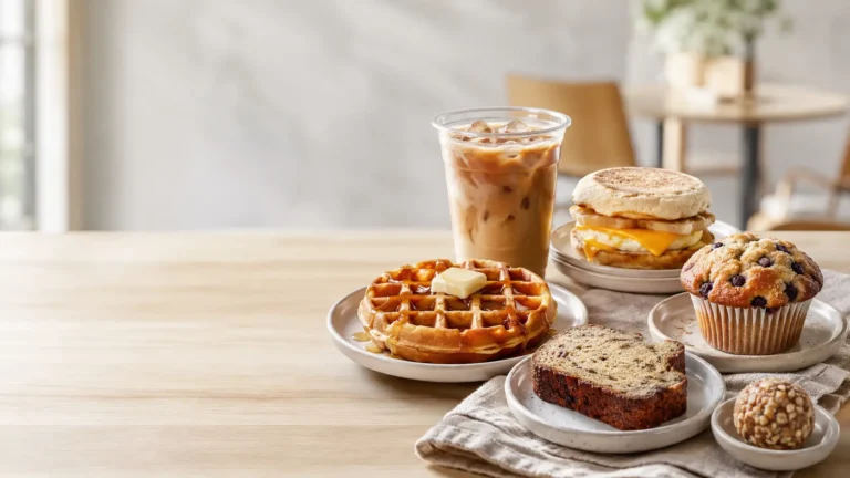 Iced coffee with an egg and cheese breakfast sandwich, maple waffle, blueberry muffin, banana bread, and a sweet snack on a café table