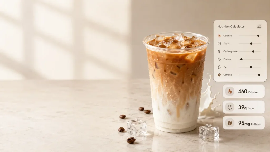 Premium iced coffee beside a modern nutrition calculator showing 460 calories, 39g sugar, and 95mg caffeine.