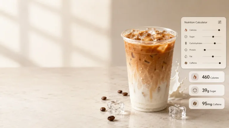 Premium iced coffee beside a modern nutrition calculator showing 460 calories, 39g sugar, and 95mg caffeine.