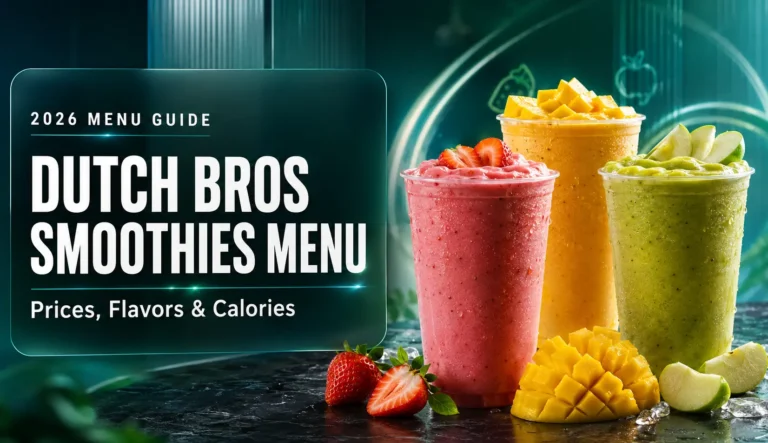 Strawberry, mango, and green apple smoothies featured in the Dutch Bros Smoothies Menu 2026 with prices and calories.